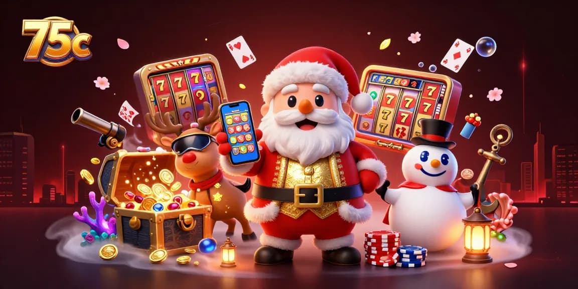 Engage with 75c casino slots in this festive, animated scene with characters enjoying a jackpot.