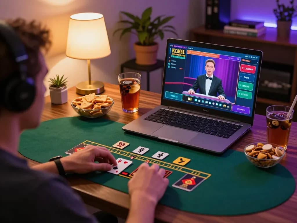 A player enjoying a live dealer blackjack session on their laptop at home, demonstrating the engaging gaming experience at 22ff.