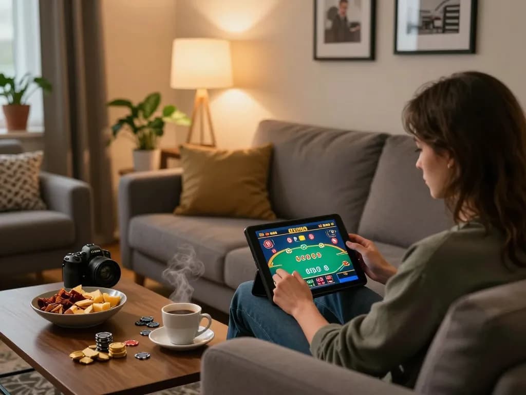 Engaged player enjoying 559X online poker from home, tablet screen displaying gameplay.
