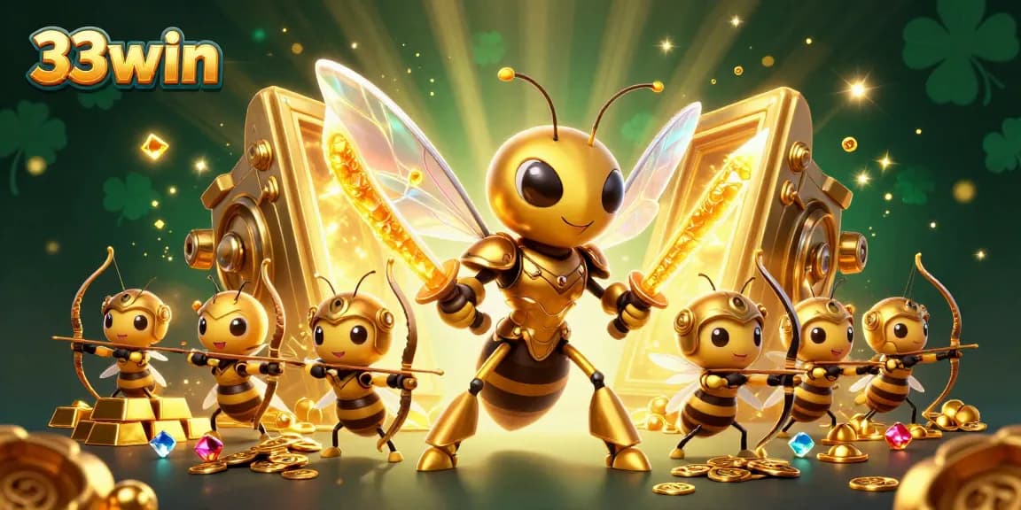 Engage with 33win's vibrant casino scene featuring samurai hornet warriors and golden treasures.