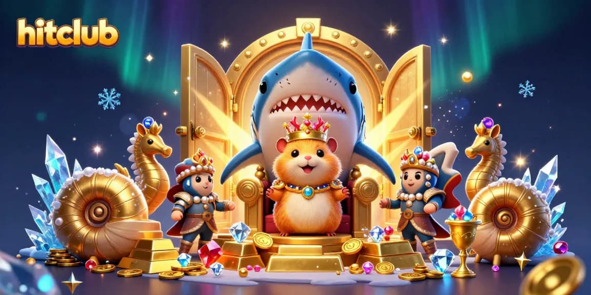 Hitclub gaming scene featuring a golden hamster king with royal companions surrounded by fortune elements.