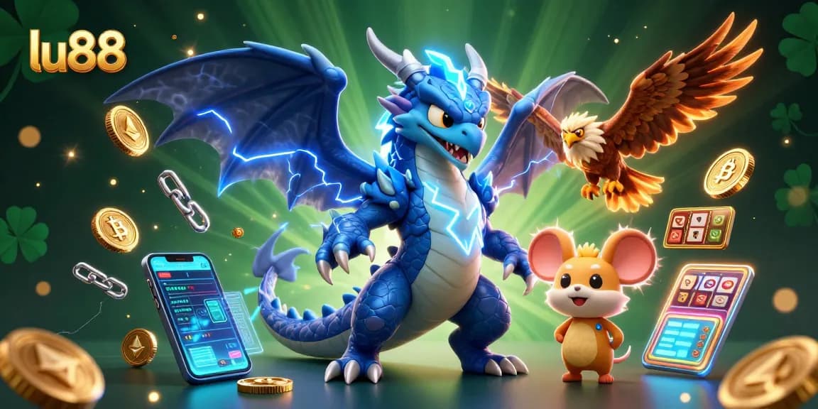 Experience the electrifying world of lu88 with vibrant dragons, hawks, and crypto elements.