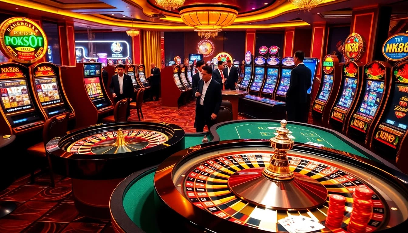 Experience the thrill of online gambling with NK88 at a luxury casino setting.