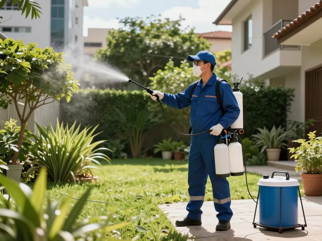 Dedetizadora technician performing pest control in São Paulo garden with professional equipment.