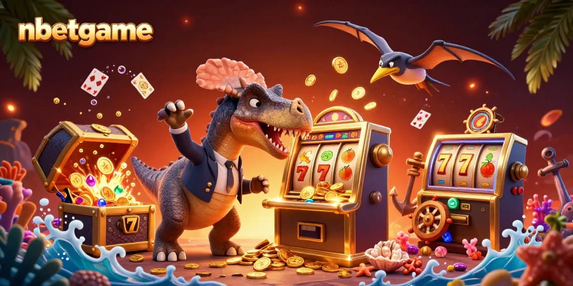 nbetgame jackpot scene with colorful dinosaurs and a golden slot machine bursting coins