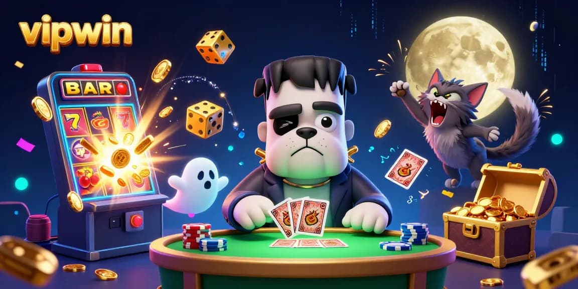 Engaging VIPWIN scene with a quirky bulldog dealer, ghostly elements, and exciting slot features.