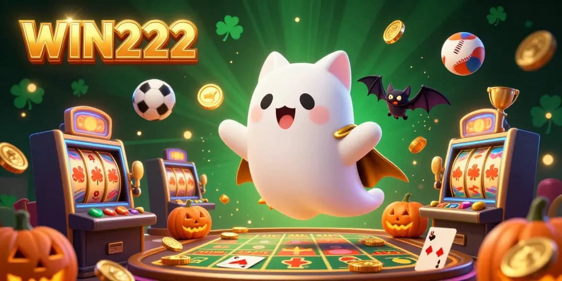 Engage in the thrilling world of WIN222, where a ghost cat and bat encounter energizing casino elements.