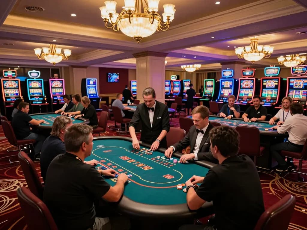 MAY88 casino floor scene with active poker gameplay and vibrant atmosphere
