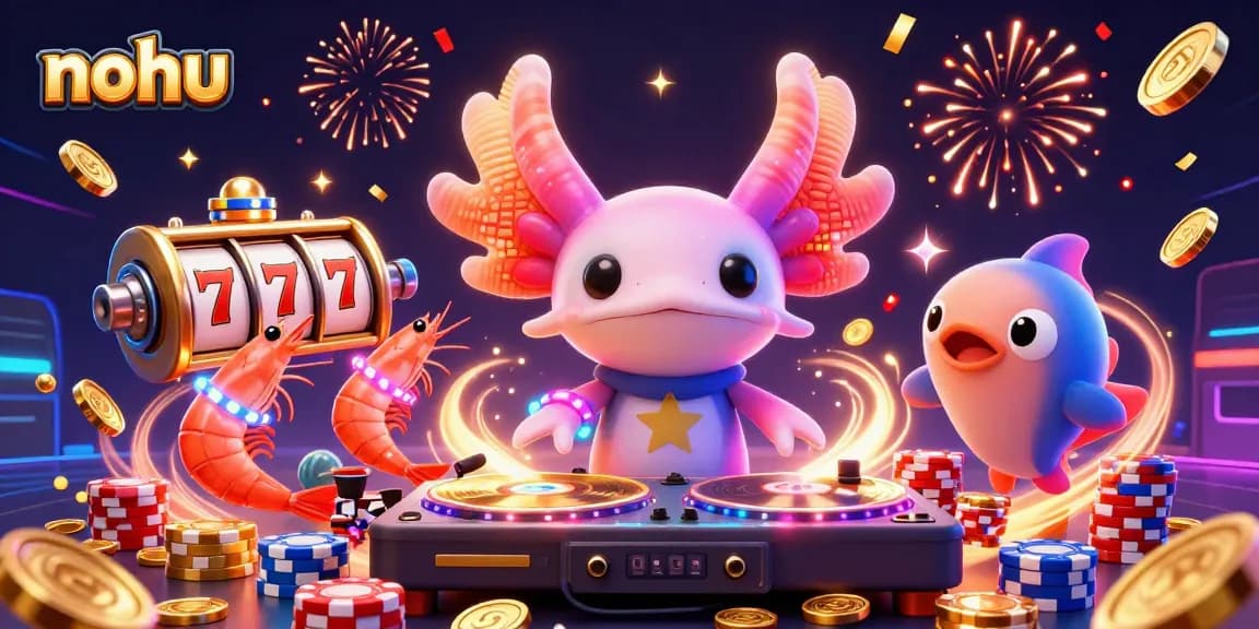 NoHu vibrant casino scene featuring a neon axolotl DJ, slot reels, and sparkling treasures.