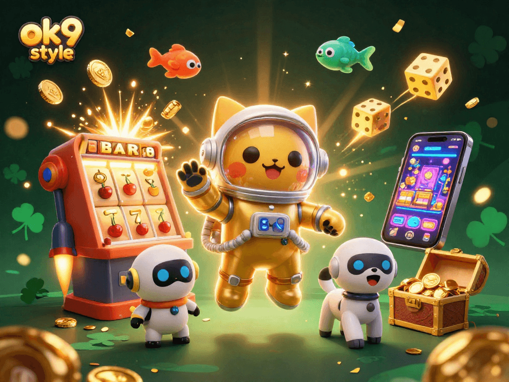 Experience the thrill of ok9 style with a 3D slot machine bursting with coins amidst vibrant casino visuals.