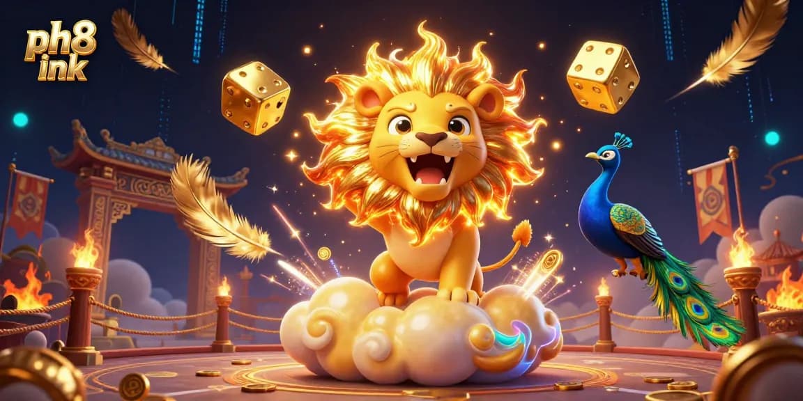 Experience thrilling gameplay at ph8 ink with a dazzling 3D illustration of a roaring lion and golden dice.