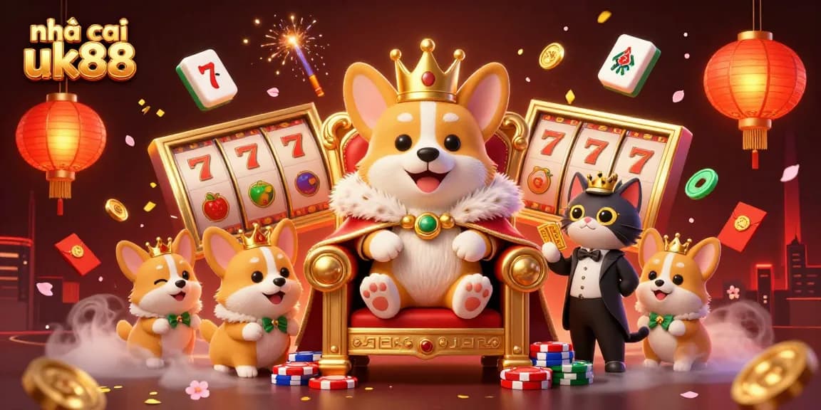 Experience the thrill of nhà cái uk88 with vibrant slot reels and charming characters in an engaging casino scene.