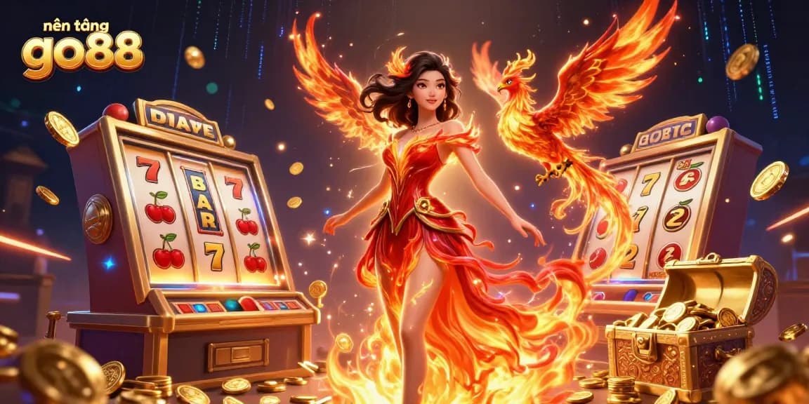 Nền tảng go88 showcases an energetic online gambling scene with a stunning Asian woman and dynamic casino elements.