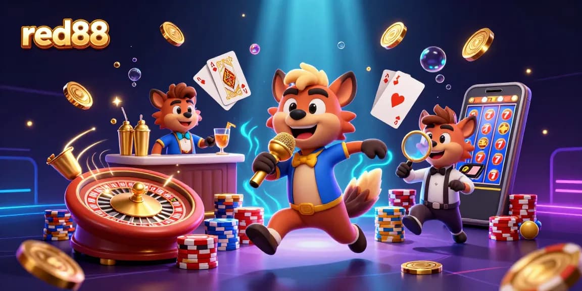 Experience red88 with thrilling comedy at this dynamic casino scene featuring cartoon hyenas.