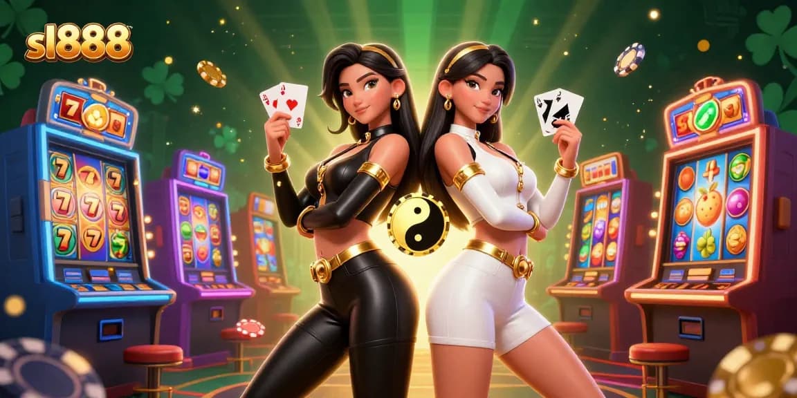Engage with sl888's dynamic casino experience through vibrant twin characters amidst colorful slot machines.