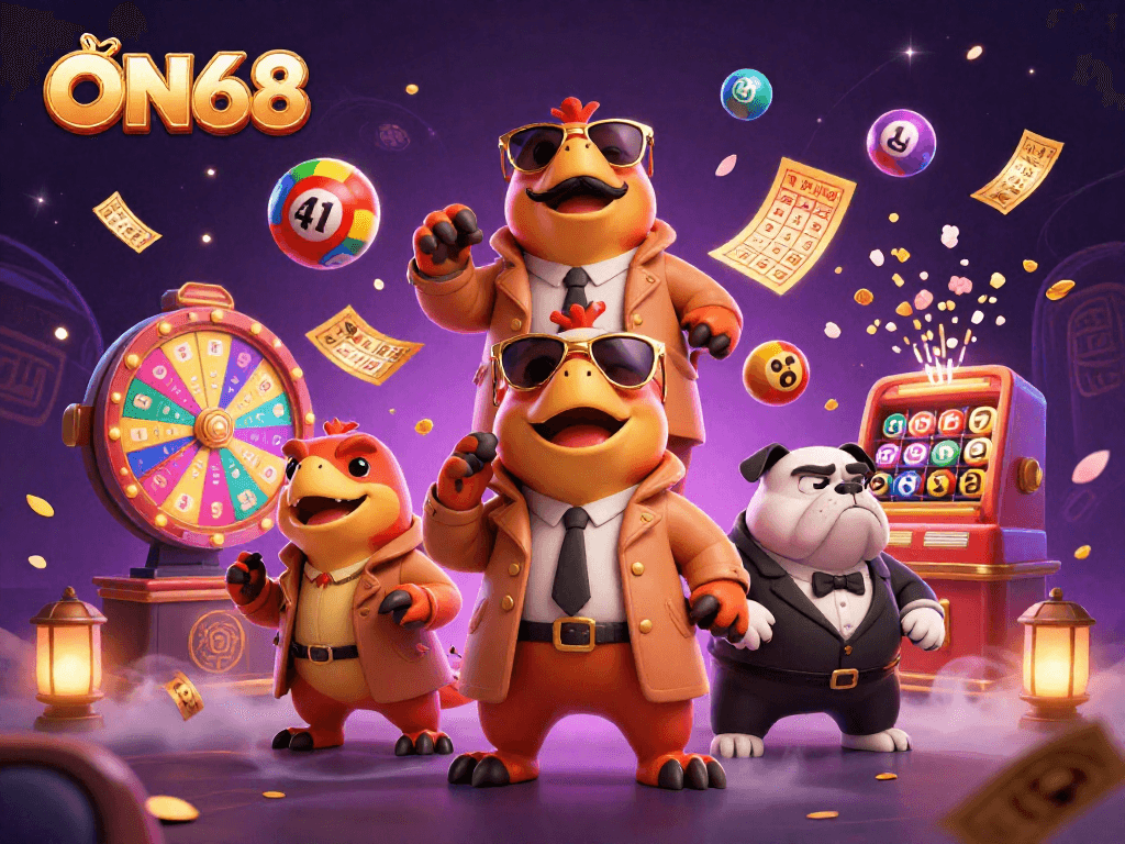 Experience the excitement of ON68 with vibrant casino games and lively characters navigating a VIP lounge.