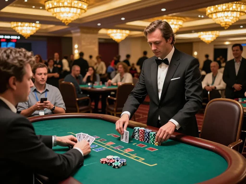 Jogo de blackjack AQ777 em cassino sofisticado exibindo uma jogabilidade emocionante em uma mesa elegante