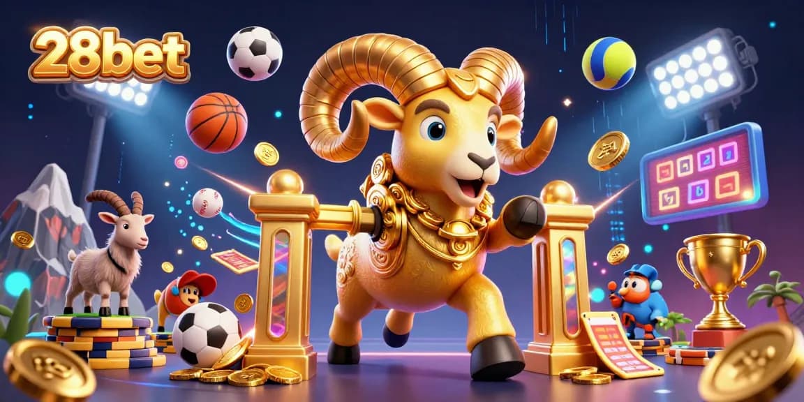 Bet on 28bet with a vibrant scene featuring sports balls flying, a golden ram, and a dynamic jackpot illustration.