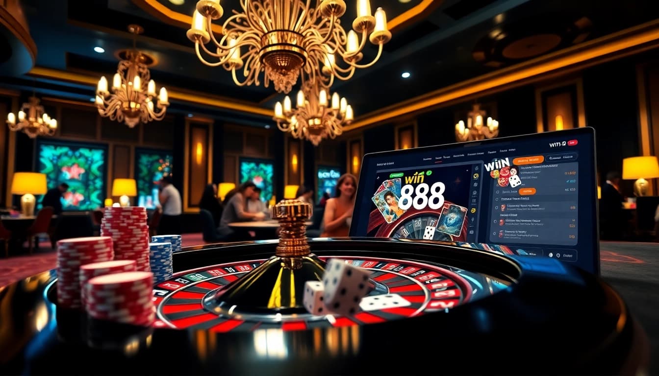 Engaging poker players experience excitement at win 88 casino, showcasing vibrant chips and roulette.