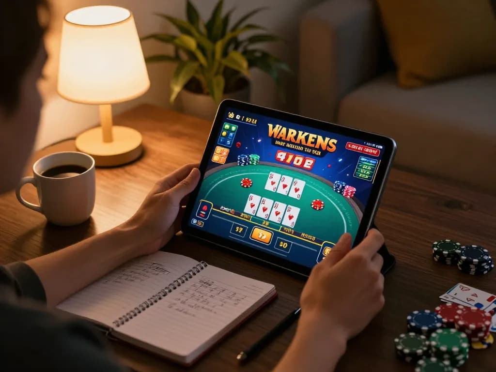 Enjoying a thrilling online poker game with 27G interface on tablet in cozy home setting