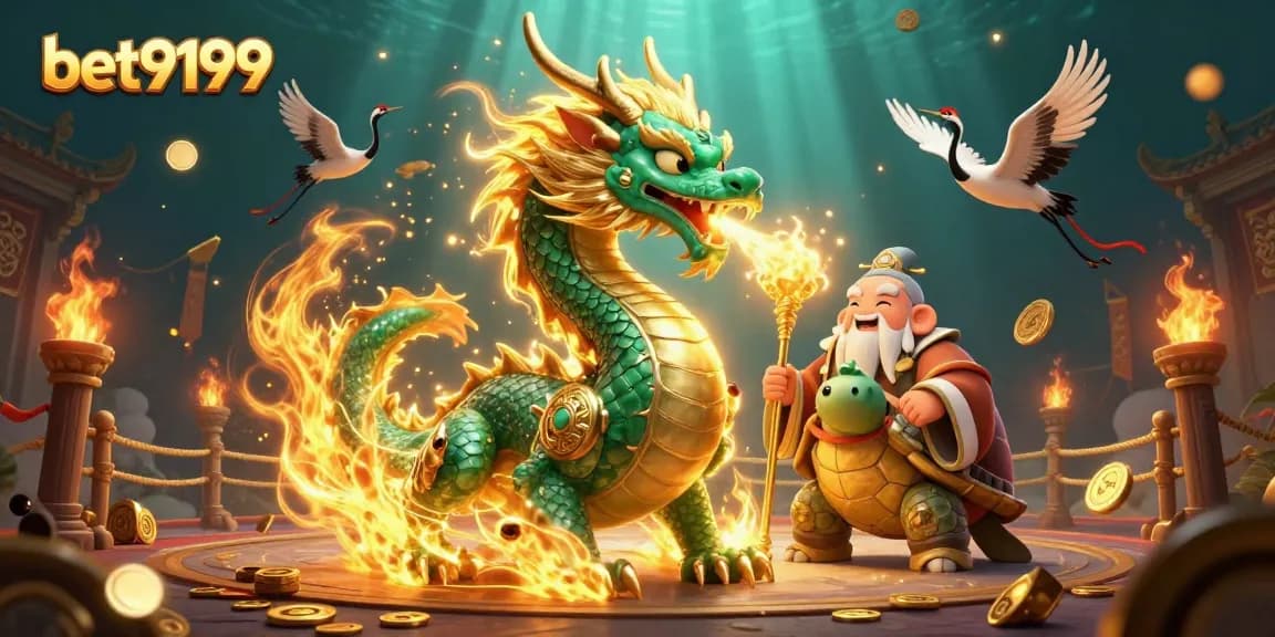 Experience the excitement of bet9199 with a vibrant dragon and lucky cranes amidst gaming elements.