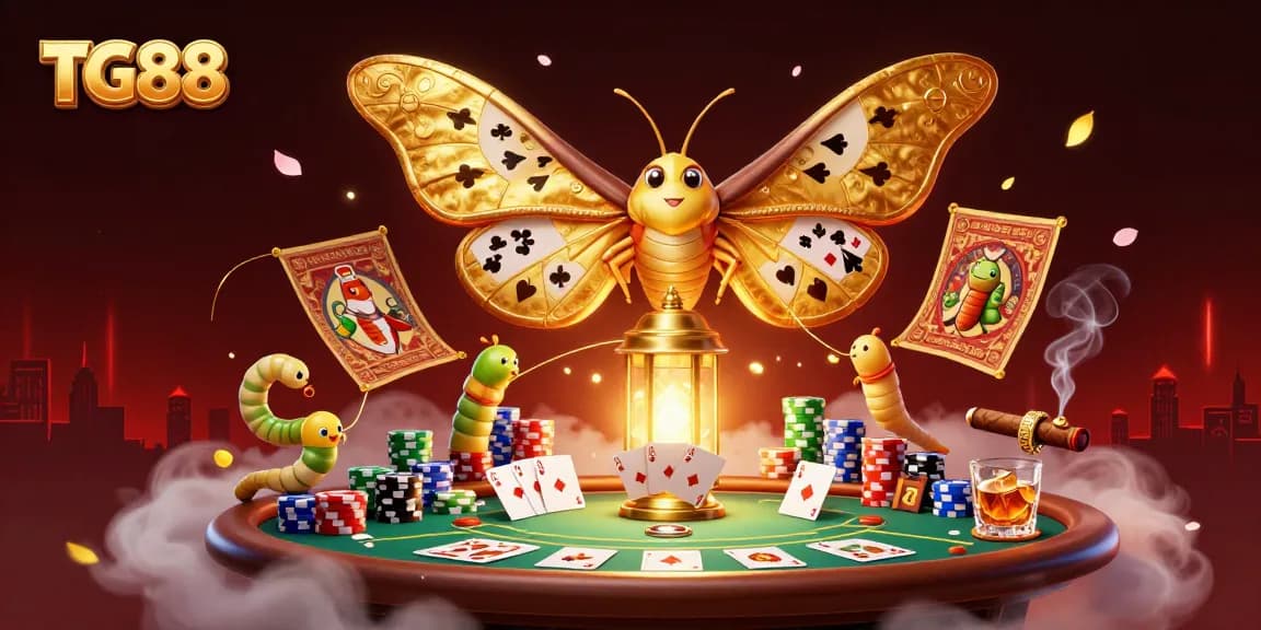 Engage in thrilling poker action at TG88, featuring a majestic moth with casino themes.