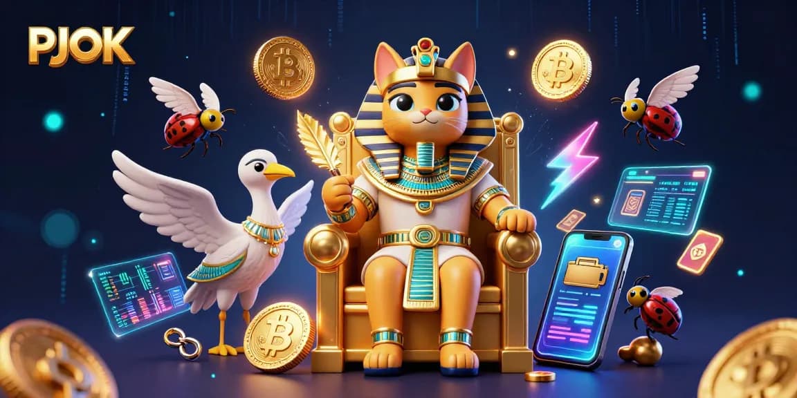 PJOK platform showcases an engaging Egyptian-themed casino illustration, highlighting neon crypto elements and vibrant characters.