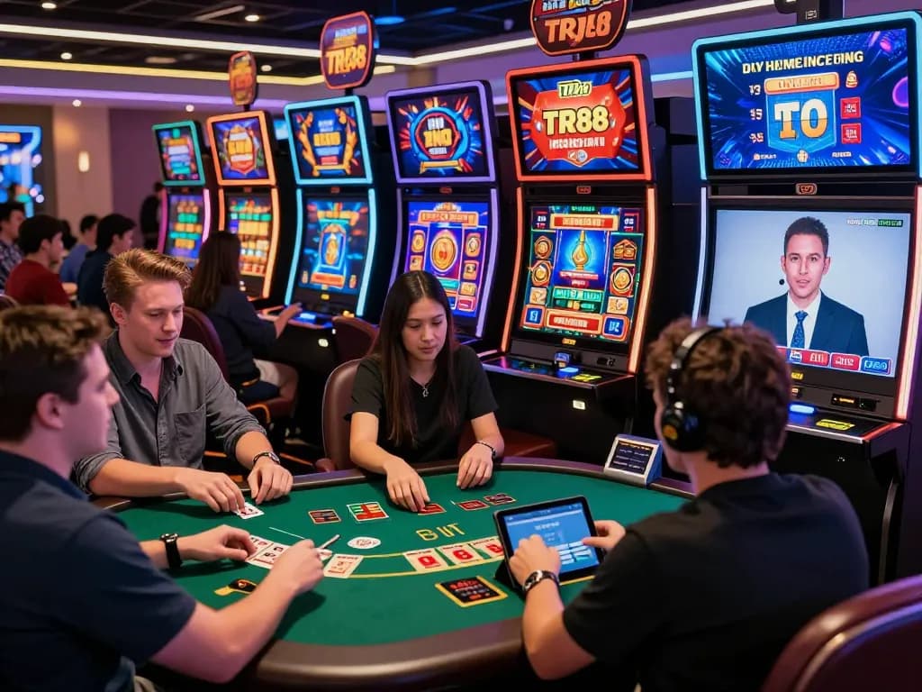 Exciting TR 88 online gaming scene with diverse players engaging in blackjack, slots, and sports betting, showcasing a vibrant atmosphere.