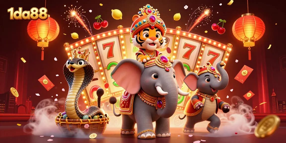 Experience the excitement of 1da88 with a vibrant, 3D casino-themed illustration featuring rich symbols and characters.
