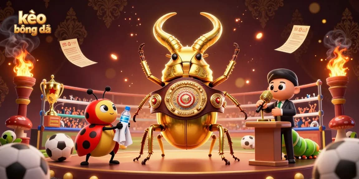 Place bets on kèo bóng đá with our vibrant 3D illustration featuring a golden beetle champion.