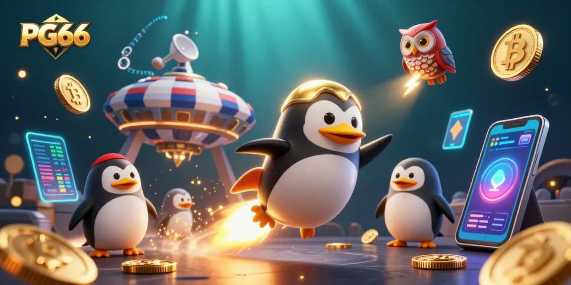 Engage with PG66's vibrant 3D casino scene featuring a golden penguin and crypto elements.