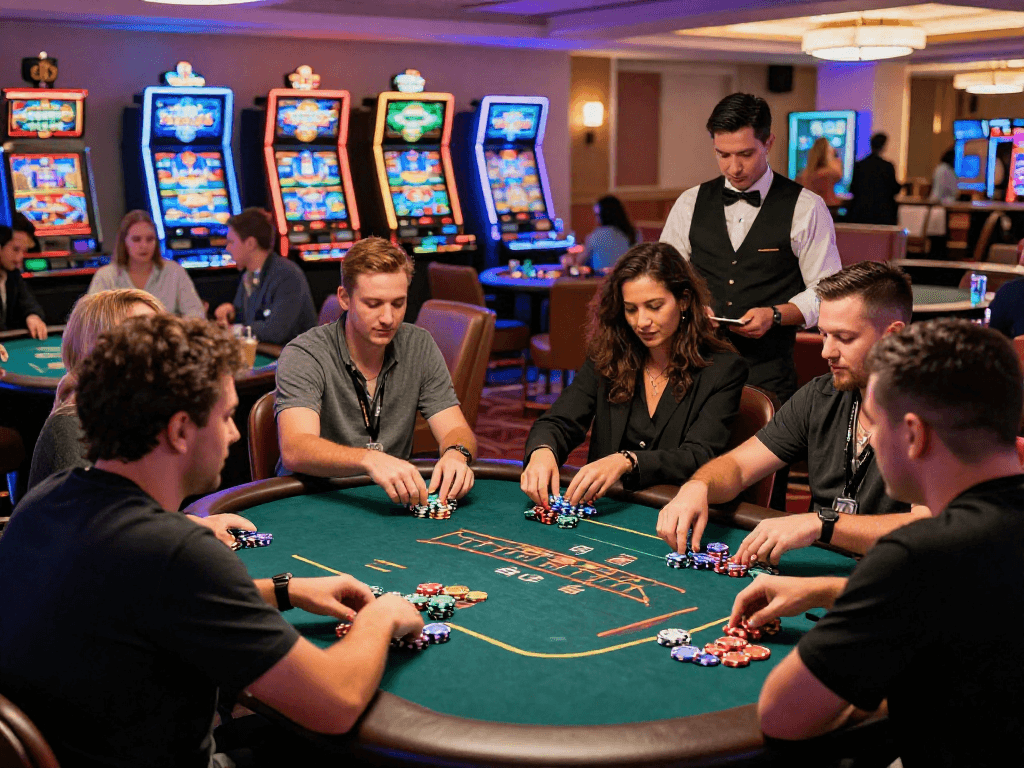 Casino gaming experience at https://vin88-casino.games/ with players at tables and colorful chips