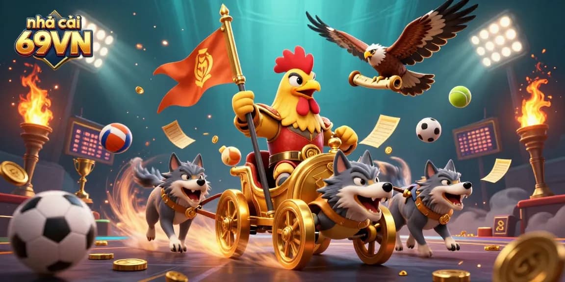 Experience the thrilling adventures of nhà cái 69VN with a cartoon rooster warlord and sports elements.