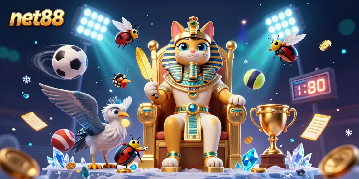 Experience the thrill of net88 with a lively illustration of a pharaoh cat and sports elements.