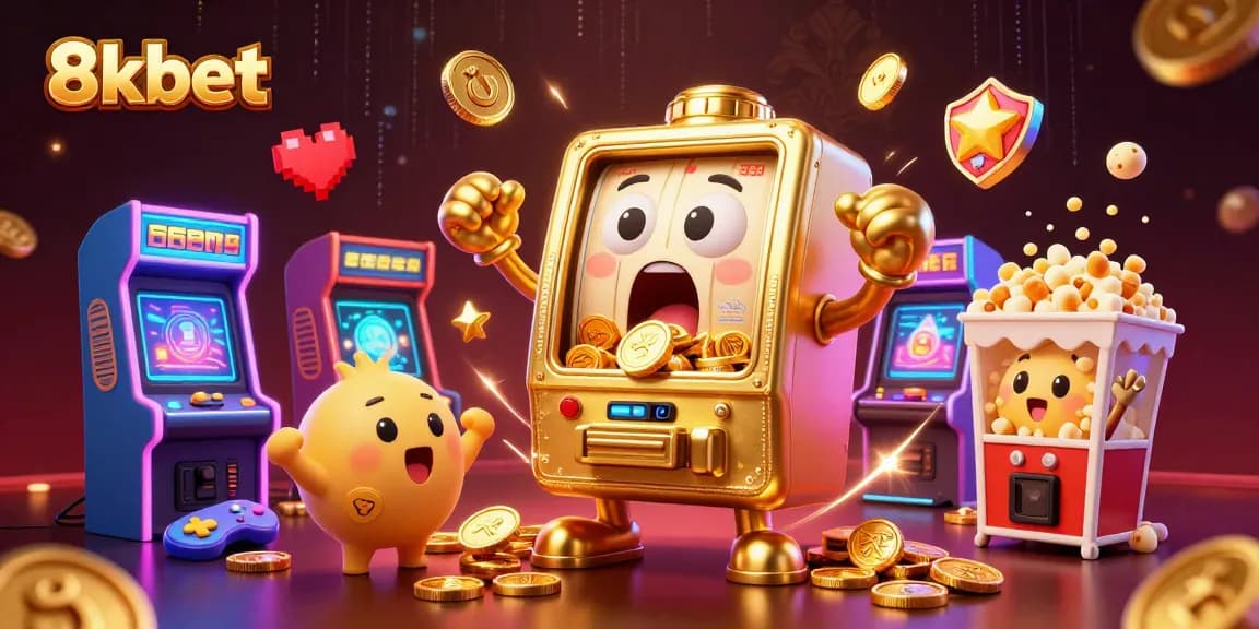 Experience the thrill of 8kbet as golden slot machines celebrate jackpots surrounded by vibrant gaming elements.