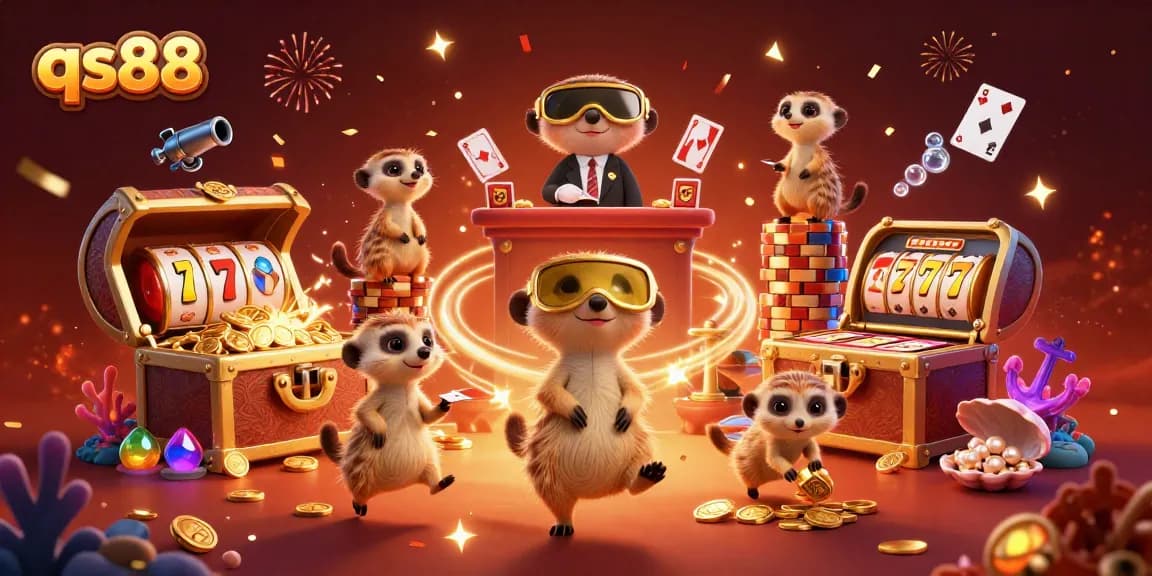 Transform your gaming experience with qs88's lively meerkat casino illustration highlighting vibrant slot elements.