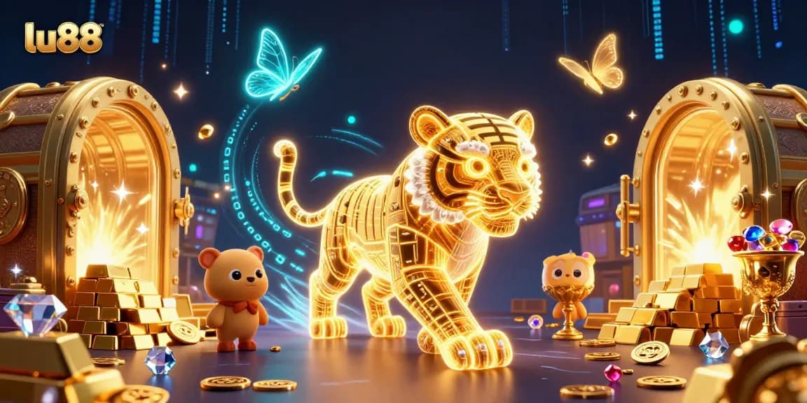 Experience thrilling gameplay with lu88's neon-wireframe golden tiger in a vibrant digital casino.