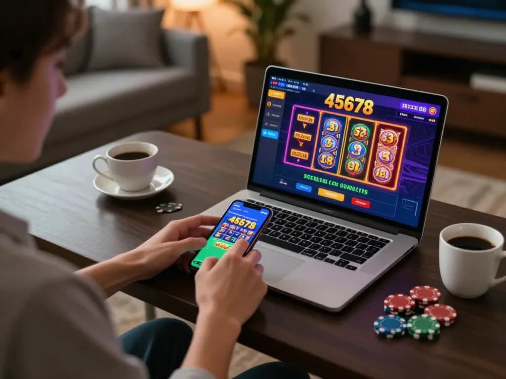 Playing immersive games on 45678 com with smartphone and laptop in a cozy home setting.
