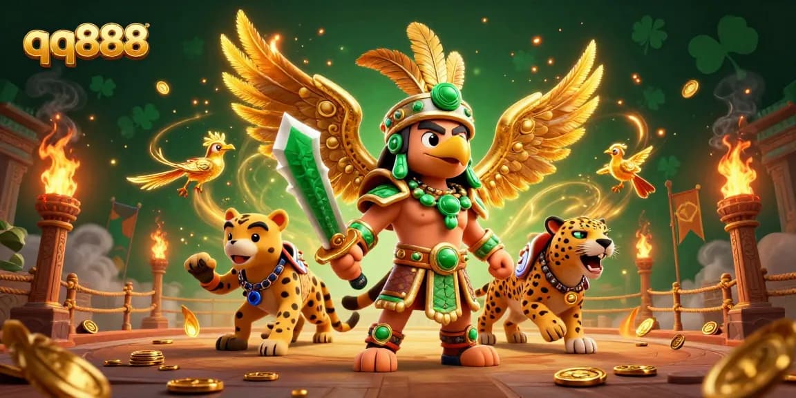 Experimente jogos emocionantes no qq888 com guerreiro asteca e elementos icônicos de cassino