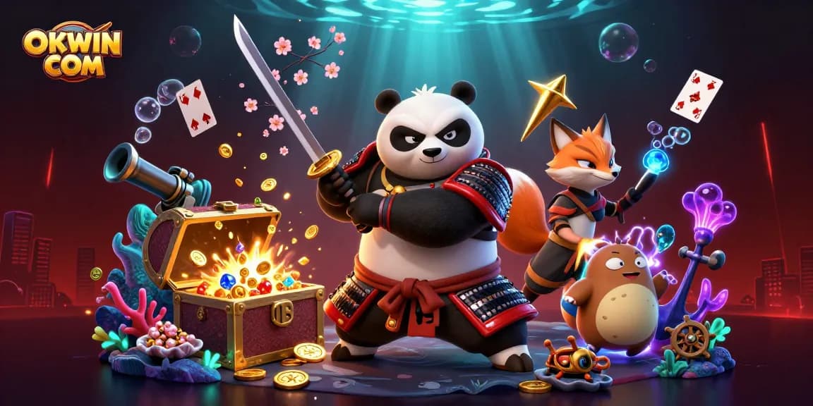 Engage with thrilling gaming at OKWIN COM, featuring samurai panda and dynamic gambling elements.