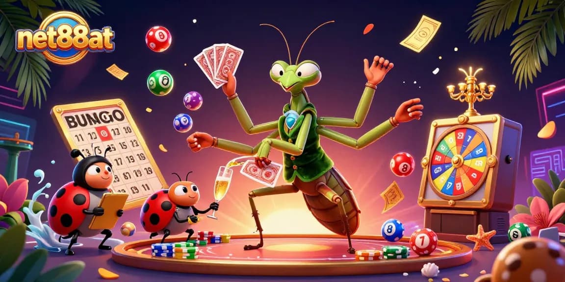 Experience thrilling games with net88at as characters deal cards and celebrate wins in a vibrant casino atmosphere.