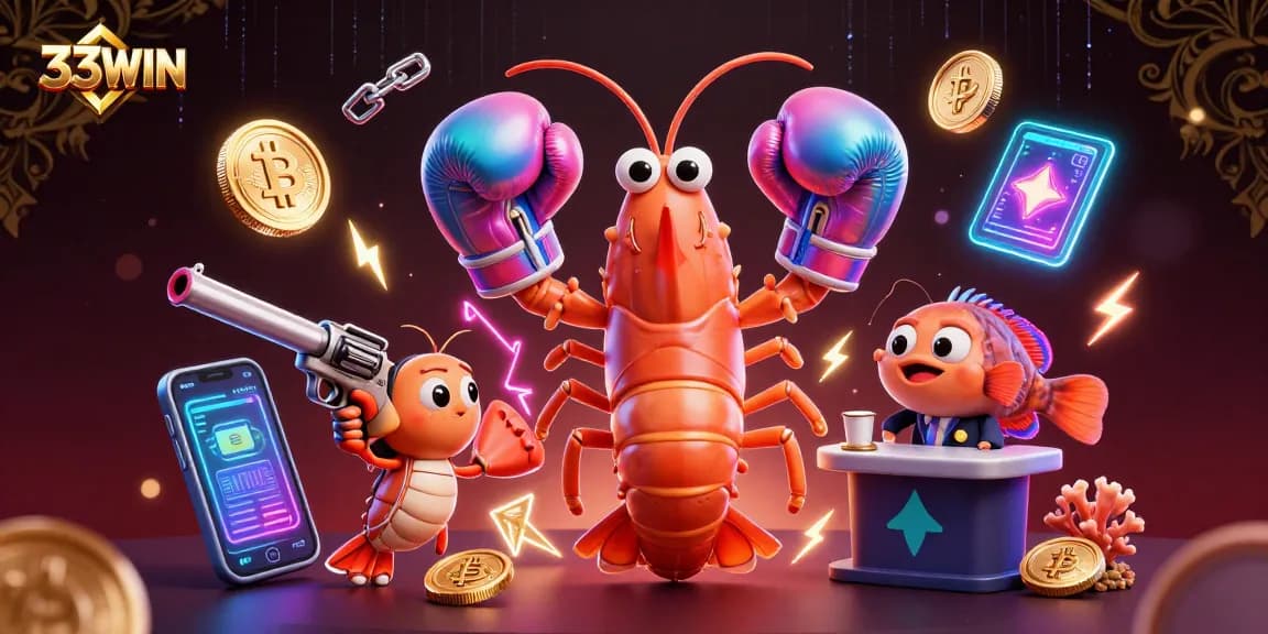 Engage with 33WIN's thrilling casino atmosphere with playful marine characters and cryptocurrency elements.
