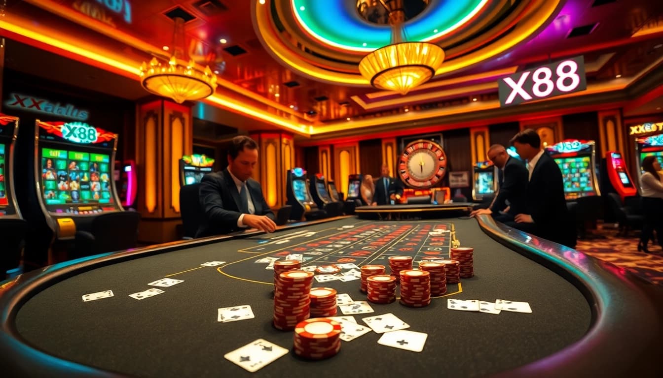Experience the thrill of XX88 at a luxurious casino table with vibrant poker chips and playing cards.