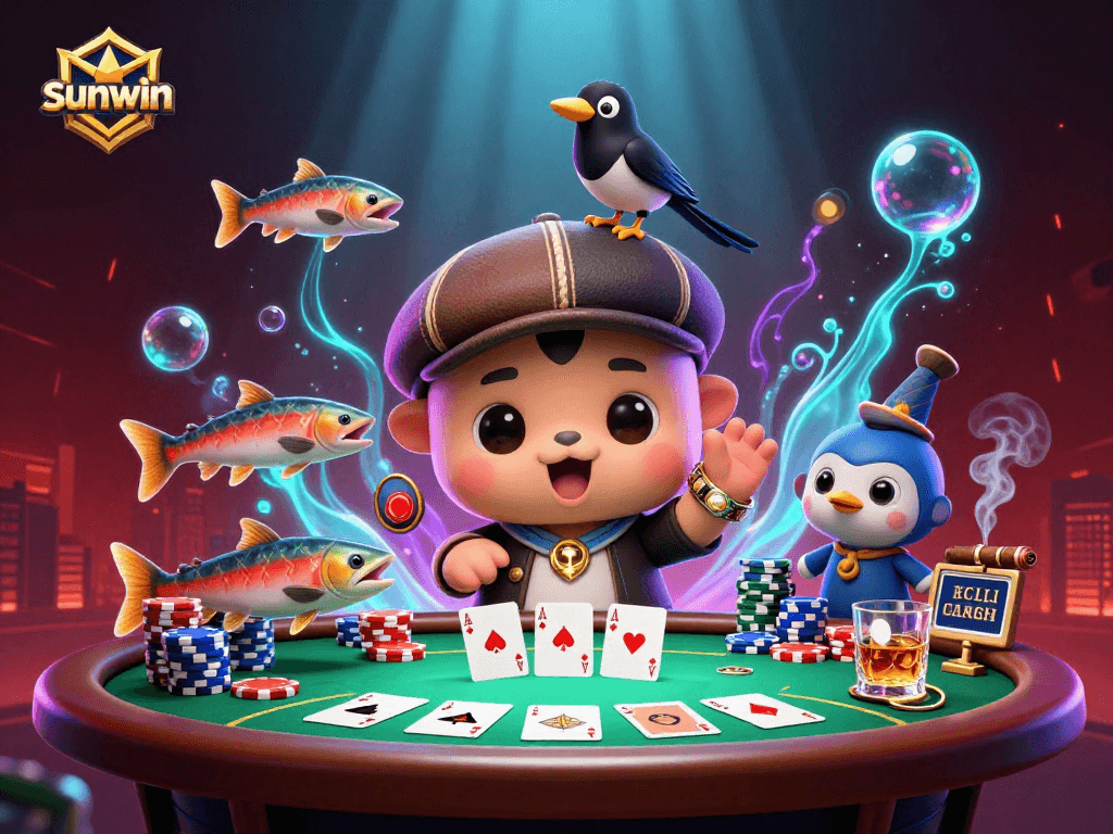 Win big at sunwin with fun cartoon characters playing poker in a dynamic casino scene.