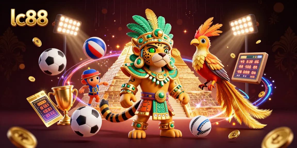 Engage in exciting gaming at lc88 with a lively 3D scene featuring a Mayan jaguar priest and dynamic sports elements.