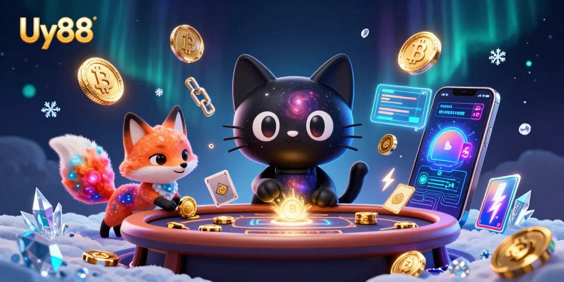 Engage with Uy88's exciting casino experience, featuring cosmic characters attracting golden chips.