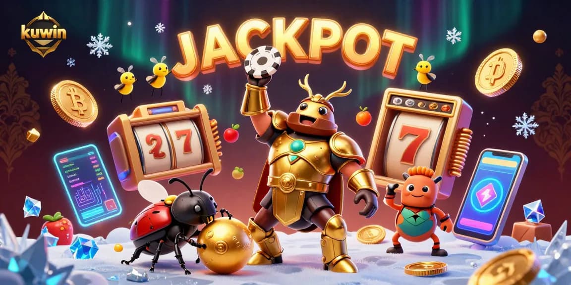 kuwin characters celebrating with jackpot symbols and vibrant casino elements in a rich 3D scene.