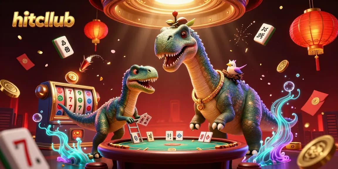 Experience hitcllub through an engaging scene featuring a brontosaurus and gaming elements, showcasing excitement in a vibrant casino.