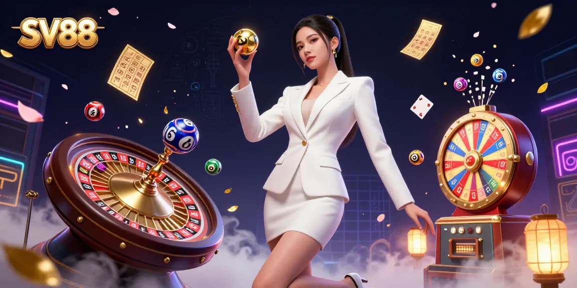 Experience SV88's vibrant casino atmosphere with colorful elements and a confident dealer showcasing a roulette ball.