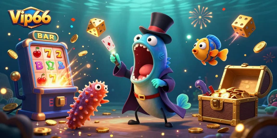 Vip66 showcases a vibrant underwater casino scene with magical sea creatures performing and slot machines bursting with coins.